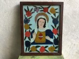 colectie / arta / religie - Icoana veche pictata pe sticla Maica Domnului cu Inima Preasfanta arta naiva taraneasca in rama de lemn / Transilvania !