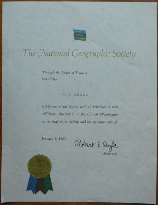 Diploma National Geografic adresata Miei Groza si semnata de Robert Doyle , 1969