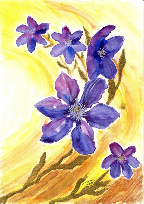 E95. Tablou original, Violete pe auriu, 2019, acuarela, neinramat, 21x29 cm