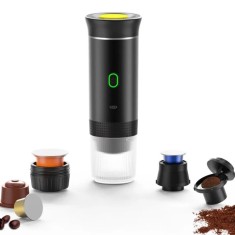 Espressor portabil, compatibil cu Nespresso, Dolce Gusto sau cafea macinata, putere 72W, baterie 2500mAh, incarcare USB, dimensiuni 83X83X245mm, negru