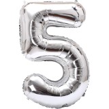 Balon din folie metalizata flippy, figurina cifra, tema aniversare 40 cm, ambalaj individual, pai inclus, umflare cu aer sau heliu, argintiu, cifra 5