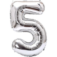 Balon din folie metalizata flippy, figurina cifra, tema aniversare 40 cm, ambalaj individual, pai inclus, umflare cu aer sau heliu, argintiu, cifra 5