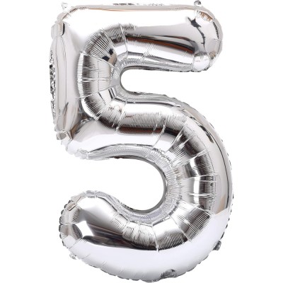 Balon din folie metalizata flippy, figurina cifra, tema aniversare 40 cm, ambalaj individual, pai inclus, umflare cu aer sau heliu, argintiu, cifra 5 foto