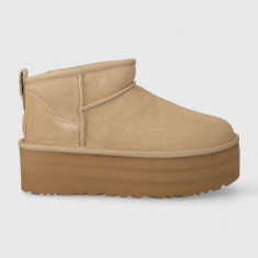 UGG cizme de zăpadă din piele întoarsă Classic Ultra Mini Platform culoarea bej, 1135092