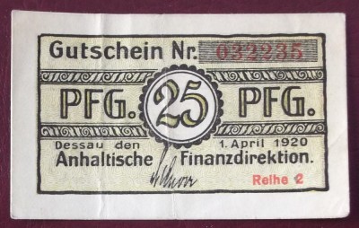 Germania notgeld 25 pfennig 1920 Anhaltische Finance Directorate Dessau ** foto