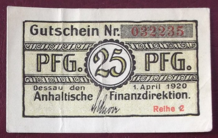 Germania notgeld 25 pfennig 1920 Anhaltische Finance Directorate Dessau **