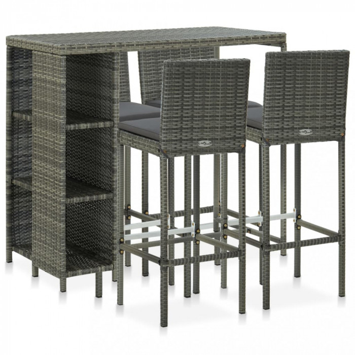 vidaXL Set mobilier bar de grădină cu perne, 5 piese, gri, poliratan 3064919