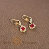 Cercei placati cu aur 18K, cristale zirconia rosu-albe in forma de floare