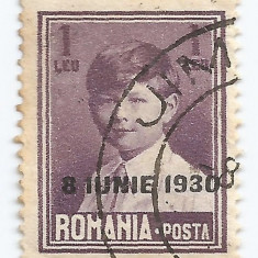 Romania, LP 83k/1928, Mihai I, "supratipar 8 IUNIE 1930", 1 leu, eroare, obl.