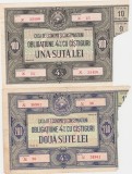 Lot 2 obligațiuni CEC RPR 4% cu c&acirc;știguri, 100 și 200 lei, 1964