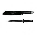 Set Cutit Vanatoare 2 taisuri + Maceta Rambo IdeallStore&reg;, 56.5cm, Otel Inoxidabil, Teaca Inclusa