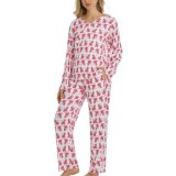 Set de pijamale pentru femei Y2K cu imprimeu animalier, cu nervuri, nasturi pe fata, cu maneci lungi, doua piese, lenjerie de casa &ndash; roz L