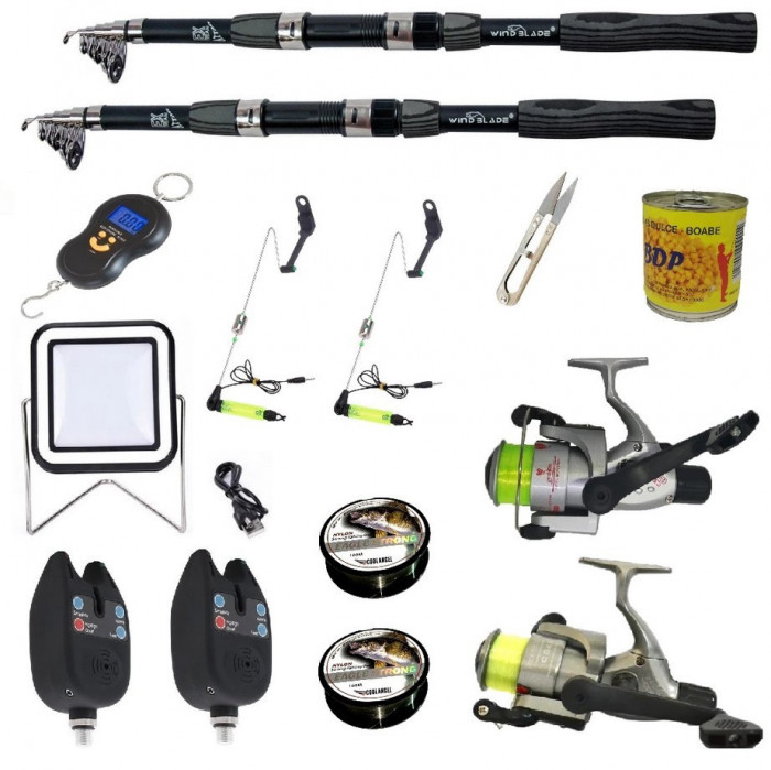 Set complet de pescuit sportiv cu lanseta Wind Blade de 2.7 m, 2 mulinete , 2 senzori, guta, cantar electronic,