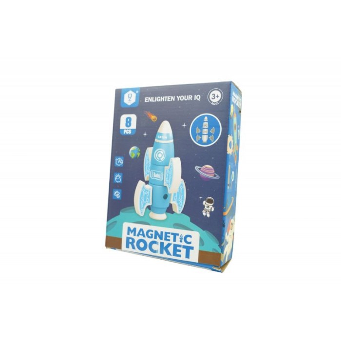 Set de blocuri magnetice eMazing, Puzzle inteligent pentru copii, 8 Piese cu cutie de depozitare, forma racheta, culoare albastru