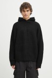 MKI MIYUKI ZOKU pulover din amestec de lana Chunky Rib Knit Hoody barbati, culoarea negru, călduros, CHUNKY.RIB.KNIT.HOODY.B