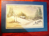 Acuarela - Peisaj de Iarna la munte , semnat Stan S. dim.=28x17cm partea pictata, Peisaje, Altul