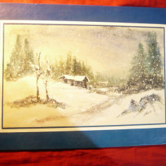 Acuarela - Peisaj de Iarna la munte , semnat Stan S. dim.=28x17cm partea pictata