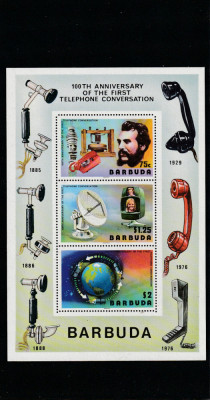 Barbuda 1977-100 ani de la primele convorbiri telefonice,bloc 3 val,MNH,Mi,Bl.21 foto