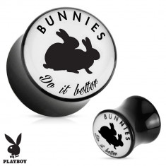 Plug şa pentru ureche, din acrilic negru &quot;Bunnies do it better&quot; - Lățime: 14 mm