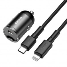 Incarcator auto Baseus Tiny Star, USB-C, 18W, Cablu Lightning inclus, Gri foto