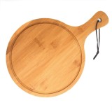 Platou rotund Pufo din lemn de bambus cu maner pentru servire alimente, aperitive, pizza, 44 cm, maro