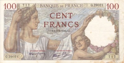 FRANTA 100 francs 5-3-1942 VF+!!! foto