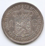 Olanda 1 Gulden 1913 - Wilhelmina, Argint 10 g/945, 28 mm KM-148, Europa