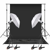 Cumpara ieftin Set studio foto video cu fundal negru profesional, 2 umbrele difuzie, 2 becuri fluorescente 45W 5500K, suport fundal reglabil 200 cm, 4 cleme si geant