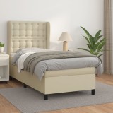 vidaXL Pat box spring cu saltea, crem, 90x200 cm, piele ecologică