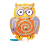 Joc montessori cu bile, flippy, creion magnetic, tip labirint, din lemn, model bufnita, 18.5x17.5 cm, portocaliu-mov