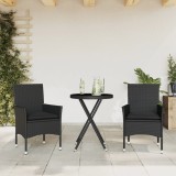Set bistro cu perne, 3 piese, negru, poliratan și sticlă
