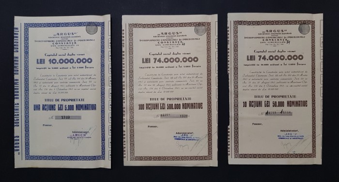 Lot 3 actiuni diferite 1943 ARGUS Constanta , actiune , titlu