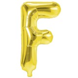 Balon folie metalizata litera f, flippy, 40 cm, umflati cu heliu sau aer, ambalaj individual, pai inclus, auriu