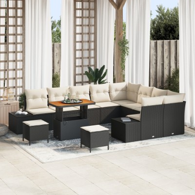 Set de sofa de gradina Gossi 12 piese cu perne negru poliratan acacia, set de mese de gradina Gossi 3 piese cu perne negru poliratan acacia, sofa de g foto