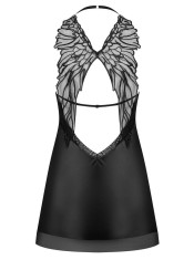 Babydoll Satin Si Chilotei Sexy String Alifini, Negru, L/XL
