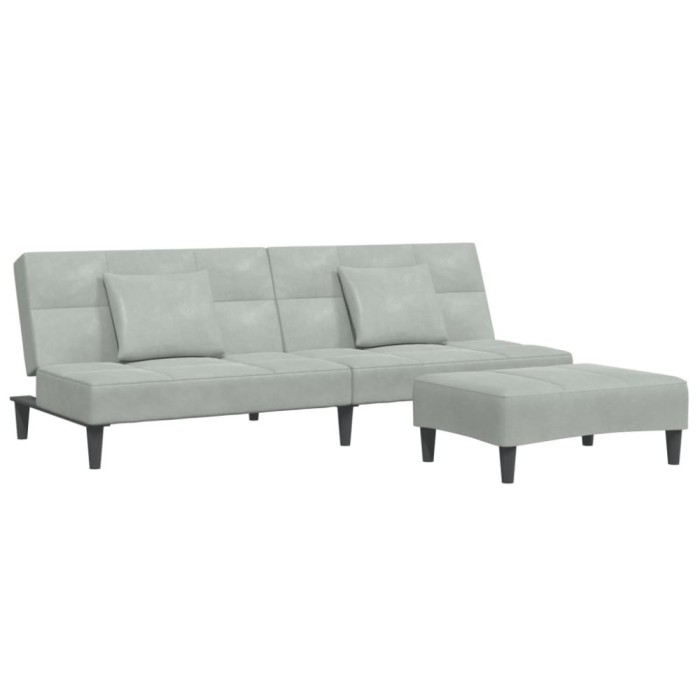 Canapea extensibila cu taburet, 2 locuri, gri deschis, catifea