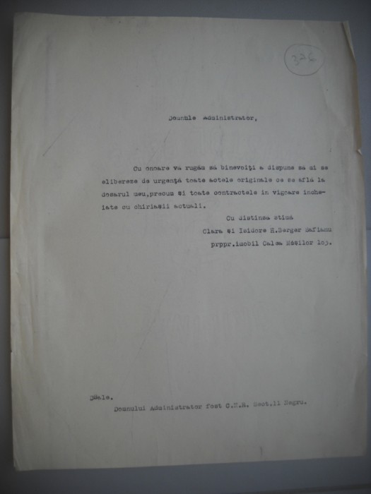 HOPCT DOCUMENT VECHI 376 ISIDORE H BERGER [ EVREU] BUCURESTI SECTOR 11 NEGRU
