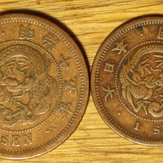 Japonia -set de colectie bronz- 1 + 2 sen 1876 + 1882 - stare ff buna - superb !