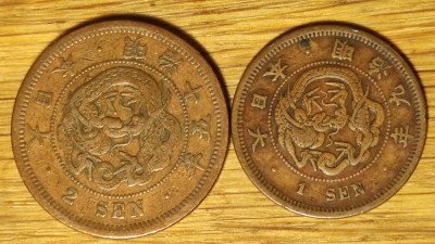 Japonia -set de colectie bronz- 1 + 2 sen 1876 + 1882 - stare ff buna - superb ! foto