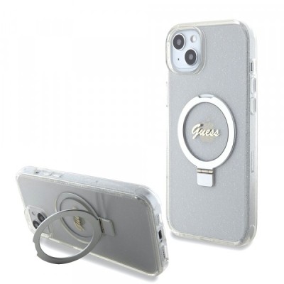 Husa MagSafe pentru Apple iPhone 15 Plus, Guess, Ring Stand Script Glitter, Transparenta foto