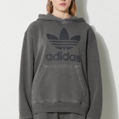 adidas Originals hanorac de bumbac Washed Trefoil Hoody femei, culoarea gri, cu glugă, cu imprimeu, IN2269