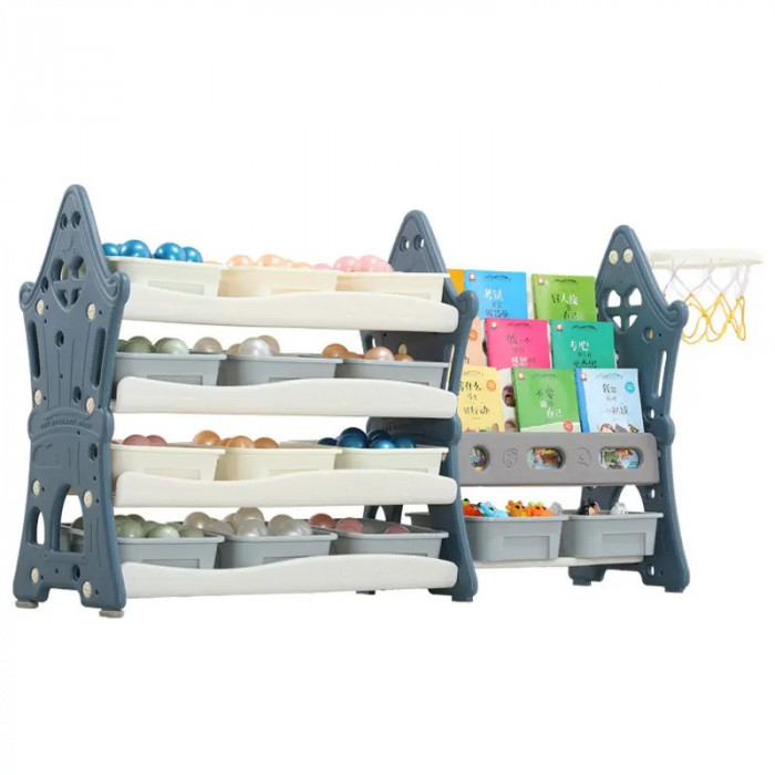 Organizator pentru jucarii si carti, albastru, cu cos baschet, ABS, 124x36x72cm