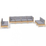 Set mobilier de gradina cu perne gri, 8 piese, lemn masiv pin