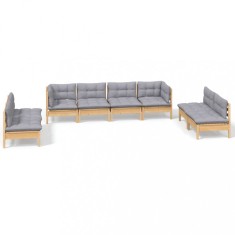 Set mobilier de gradina cu perne gri, 8 piese, lemn masiv pin