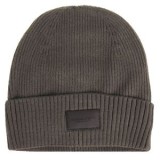 Căciulă tricotată pentru bărbați, culoare taupe, cu căptușeală fleece și patch din PU maro, CMCLASS