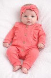 Salopeta bebe fetite bumbac rib roz coral cu nasturi si bentita set (Marime