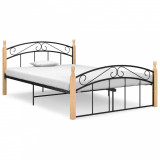 Cadru de pat, negru, 140x200 cm, metal și lemn masiv de stejar, Cires, Dublu, Cu polite semirotunde, vidaXL