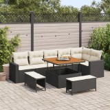Set Colțar Grădină vidaXL cu Perne Negru Ratan Polimer Acacia, Set Dining Grădină vidaXL cu Perne Negru Ratan Polimer Acacia