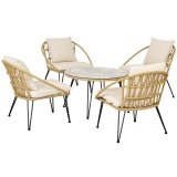 Outsunny Set Grădină din Ratan din 5 Piese, Set de Exterior cu Masă Rotundă și 4 Scaune cu Perne, 82x82x50 cm, Bej | Aosom Romania