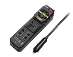 Invertor Auto 200W DC 12V la AC 220V cu 3 Prize si 4 Porturi USB, Convertor Tensiune Auto pentru Incarcare Rapida Laptop, Telefon si Dispozitive AutoR